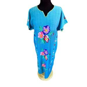 Vintage 60s 70s Blue Pink Green Floral Handmade Embroidered Maxi Dress Large XL